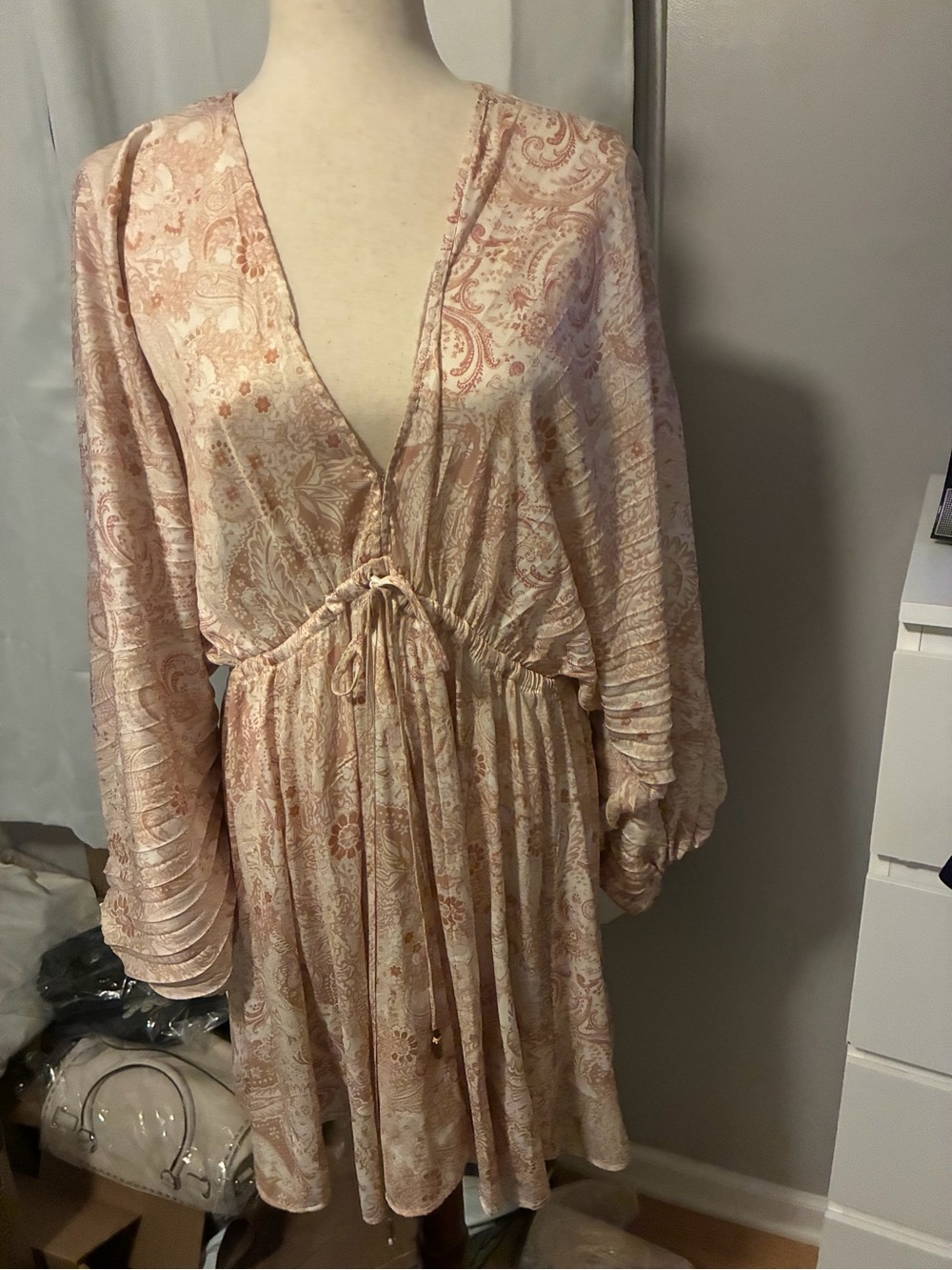 Free People Paisley V-Neck Tie-Waist Long Sleeve Dress in Blush